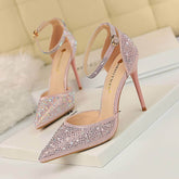 Pointed Toes Crystal Embellished Ankle Strap Stilettos EU 33 / Pink / 10CM